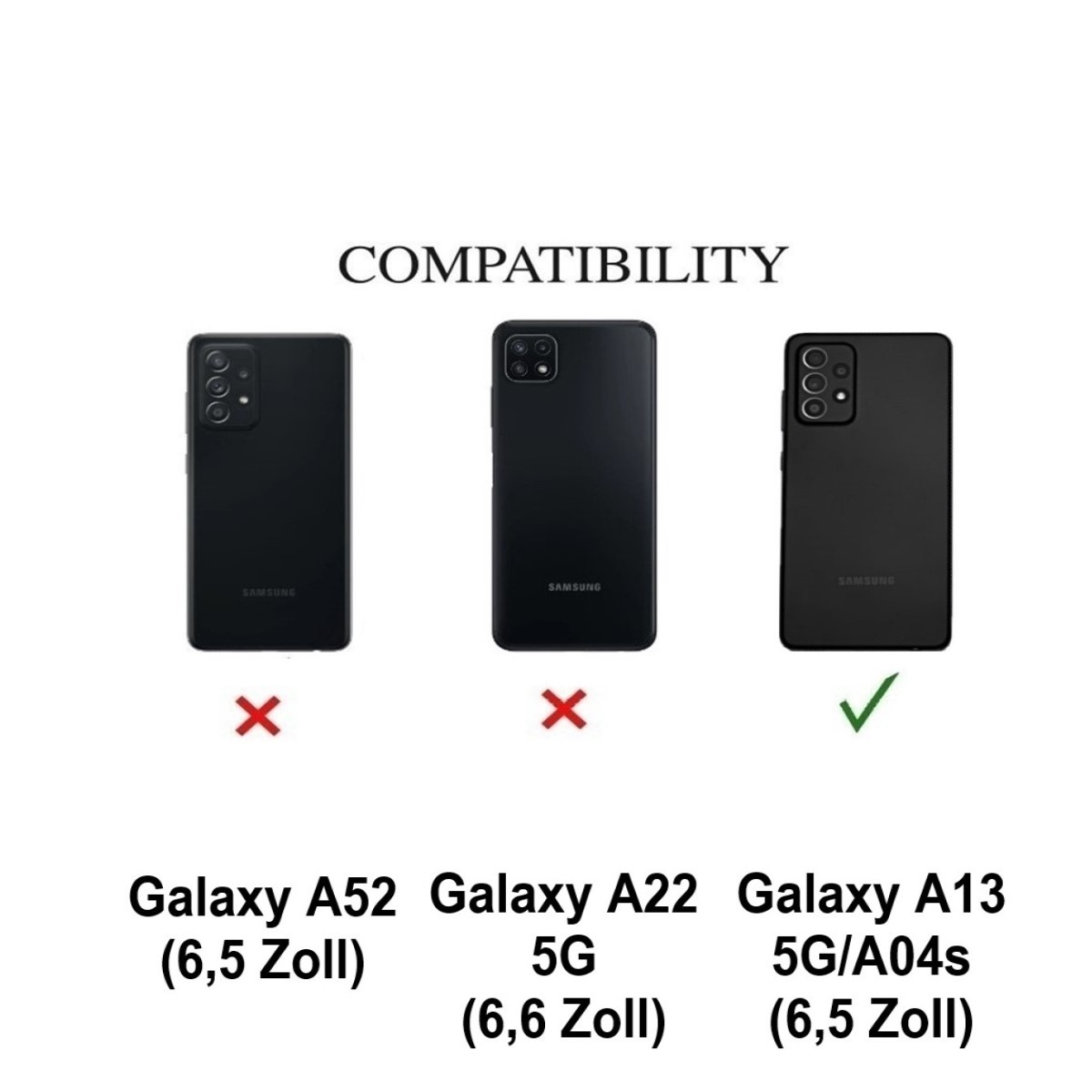 Bild zeigt drei schwarze Telefone, Kompatibilitätstabelle; A52 und A22 5G falsch, A13 5G/A04s richtig.