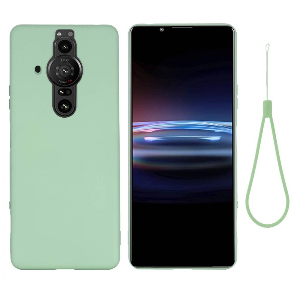 Zwei Telefone. Eines mit Hülle und eines mit Bildschirm. Beide haben die gleiche Farbe.