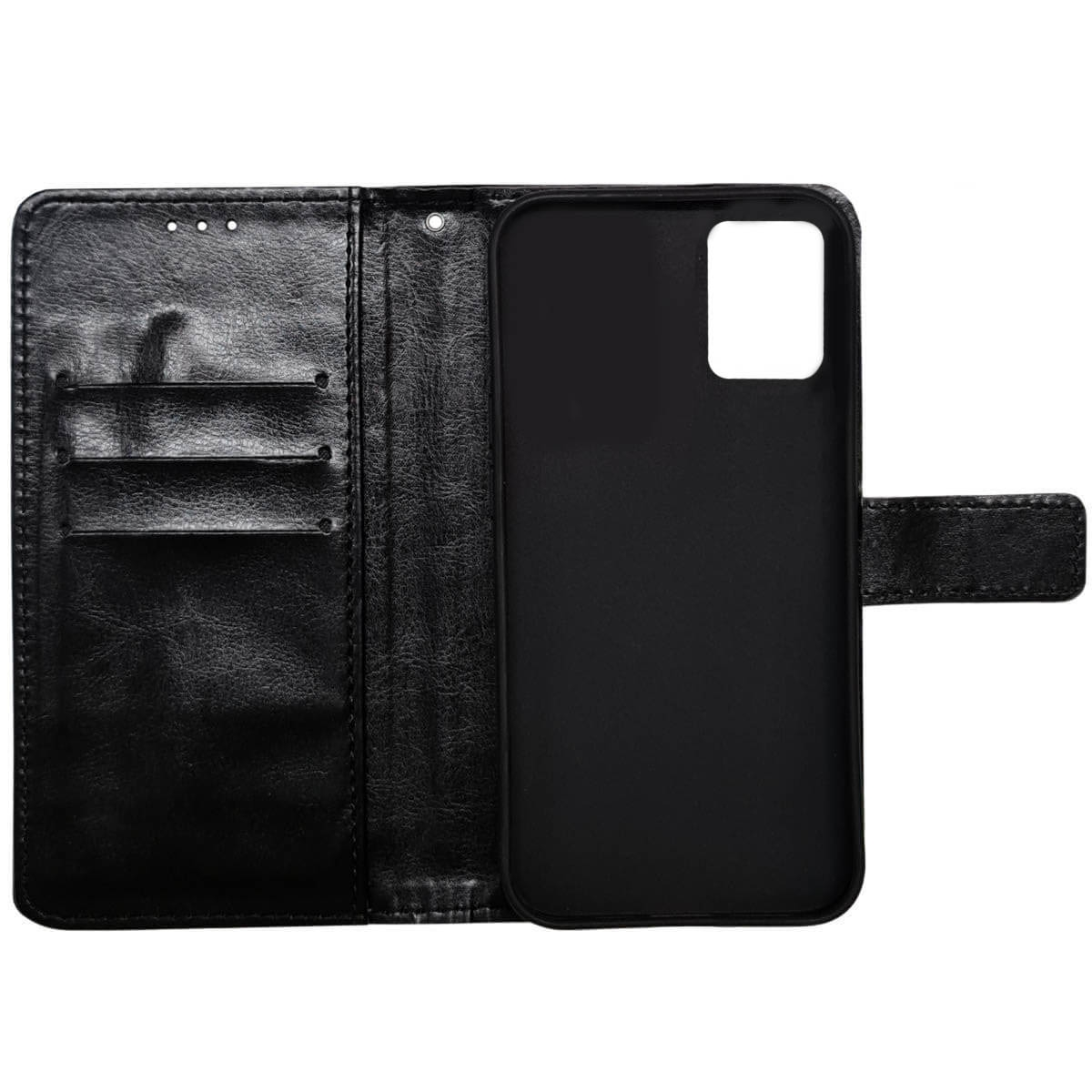 Eine schwarze Leder-Handyhülle, geöffnet, um den Handyhalter und Kartenfächer freizugeben.