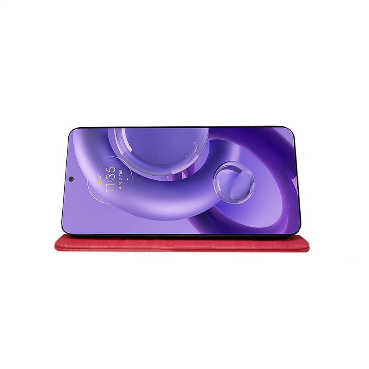 Lila Telefon auf rotem Etui, weißer Hintergrund.