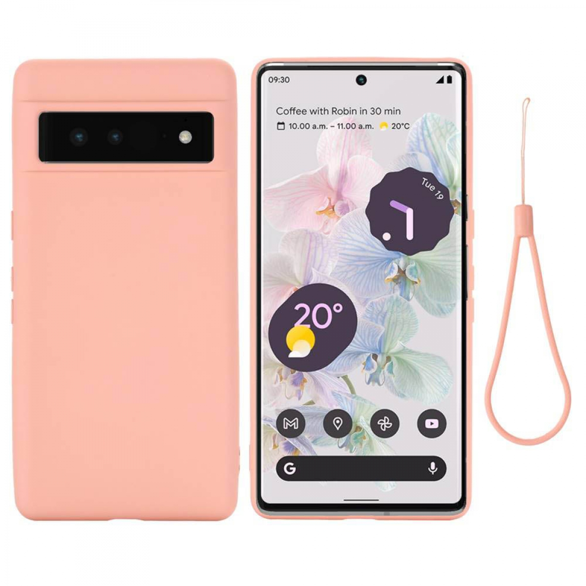 Rosa Telefon mit Hülle und Trageband, zeigt den Bildschirm. Weißer Hintergrund.