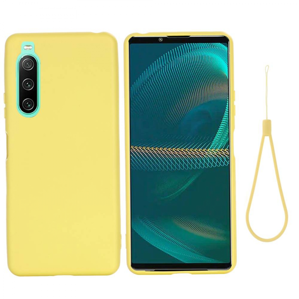 Gelbes Telefon mit Hülle und gelbem Schlüsselband. Das Telefon hat drei Kameras und einen Bildschirm.