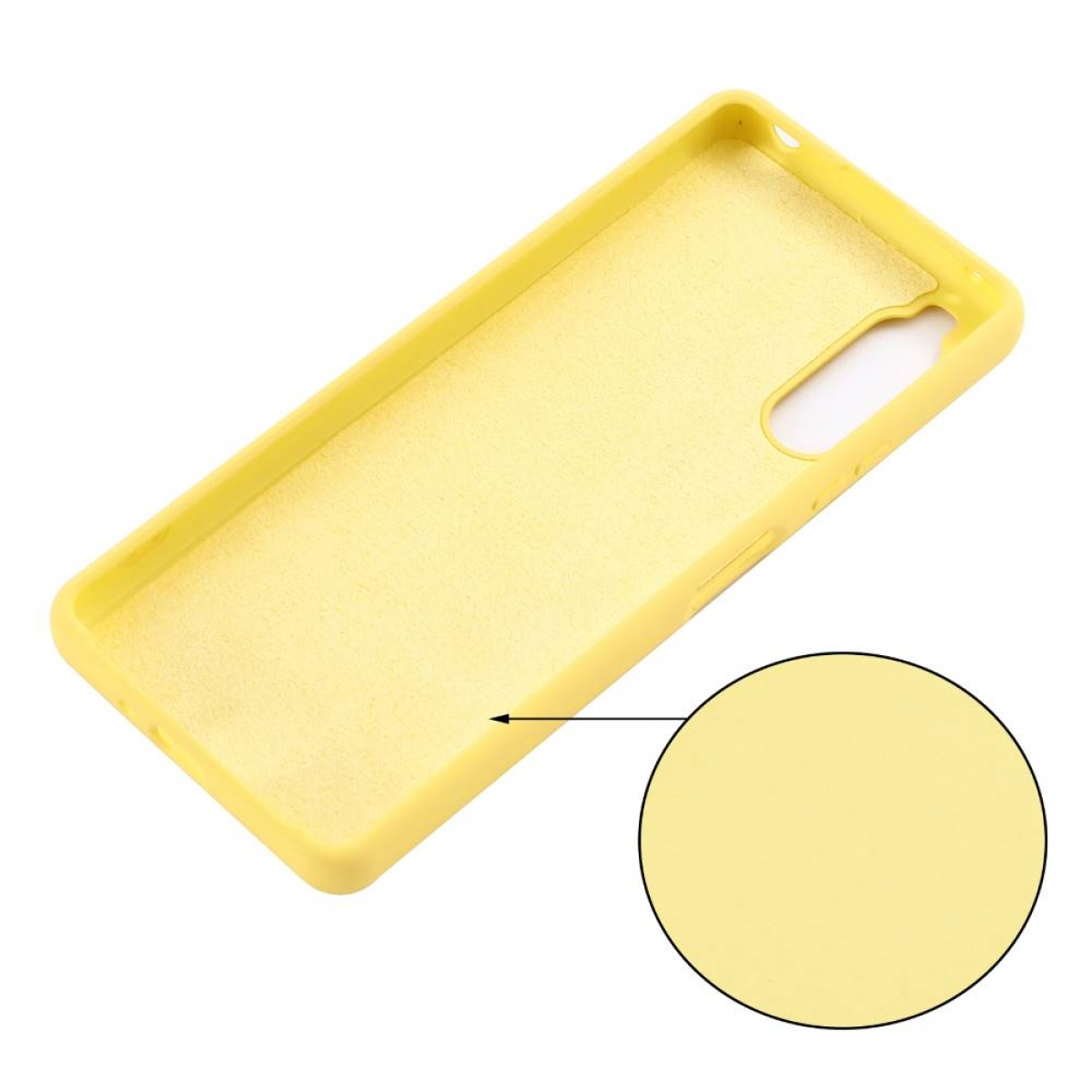 Gelbe Handyhülle mit kreisförmiger Nahaufnahme in gleicher Farbe.