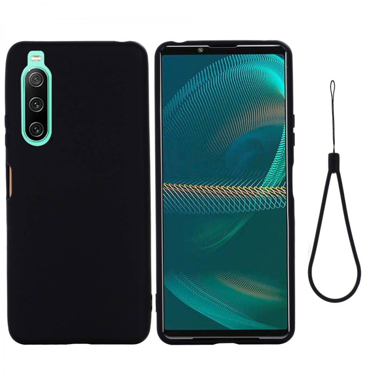 Ein schwarzes Telefon mit einer Hülle. Die Hülle hat drei Rückkameras und einen mintfarbenen Seitenakzent.