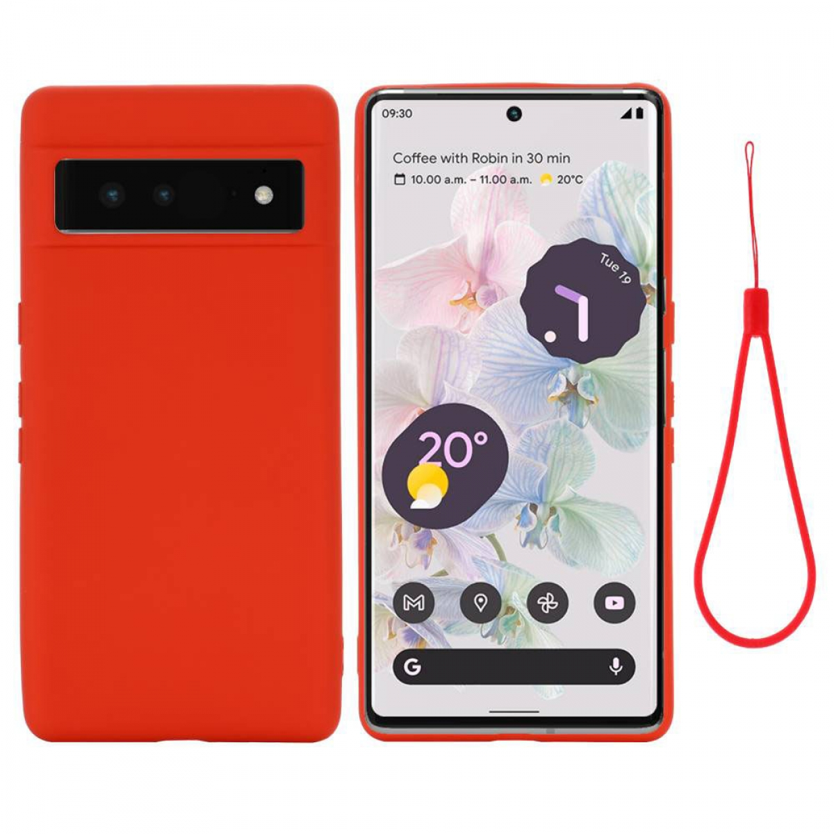 Telefon und Hülle. Rote Handyhülle und Telefon zeigen App-Symbole, ein roter Handriemen ist befestigt.