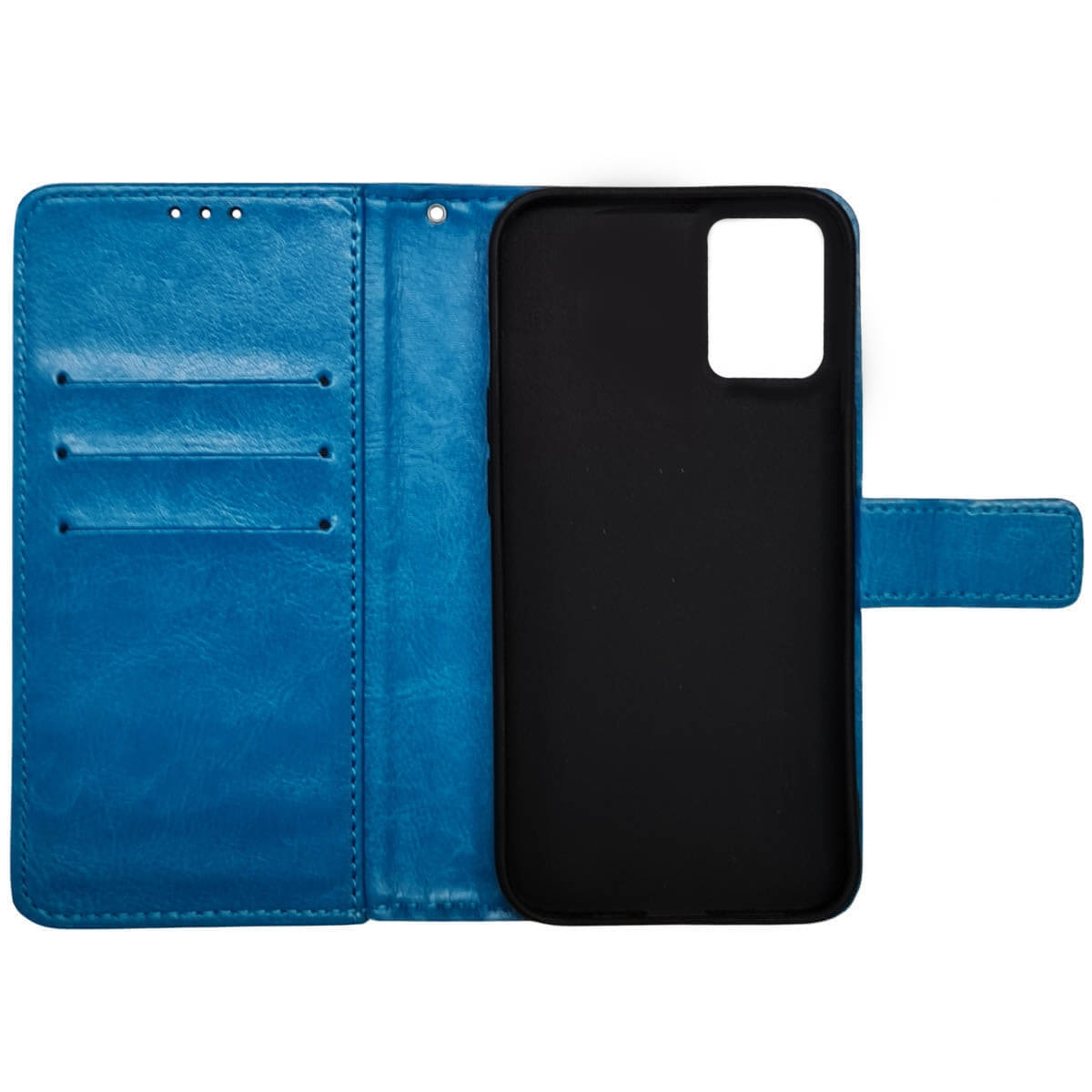 Eine blaue Leder-Handyhülle, offen, zeigt das Telefonfach. Es ist blau mit Kartenfächern.