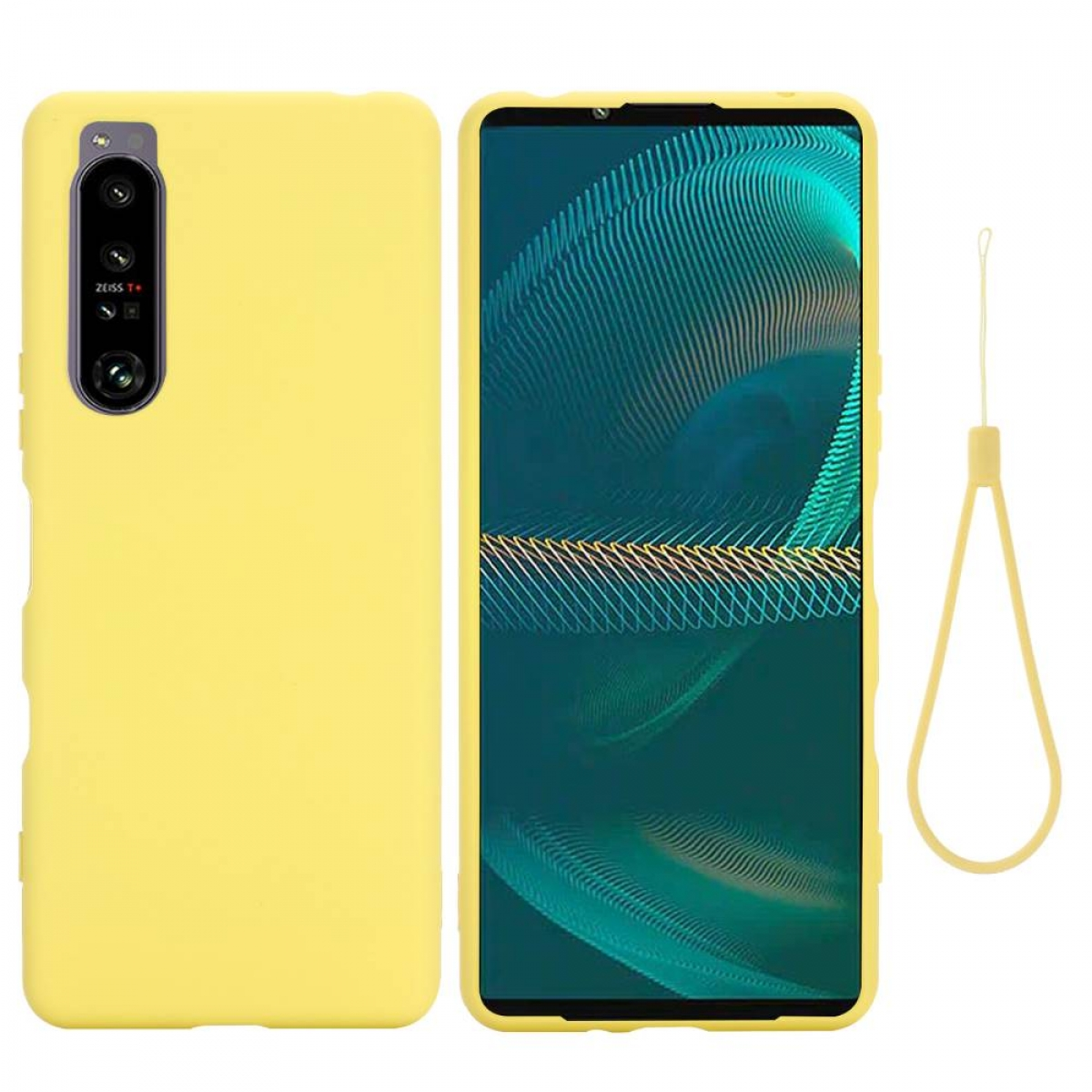 Gelbe Handyhülle mit einem Telefon und einem Riemen.