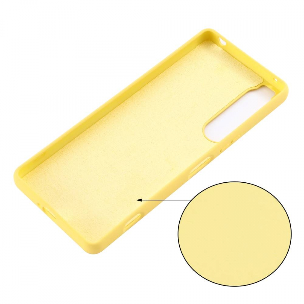 Eine gelbe Handyhülle mit Nahaufnahme eines glatten gelben Innenraums.