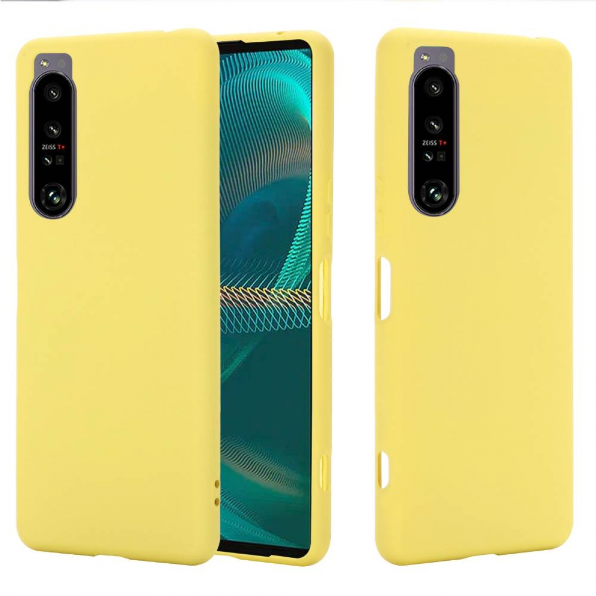 Zwei gelbe Handyhüllen nebeneinander. Die Handyhülle ist gelb und bedeckt das Telefon.