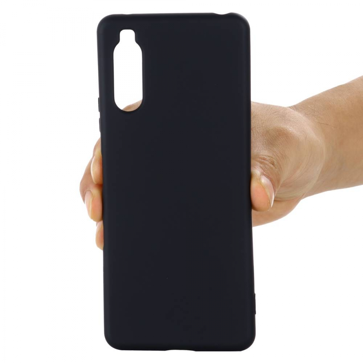 Eine Hand, die eine schwarze Handyhülle mit einem Kameraloch hält.