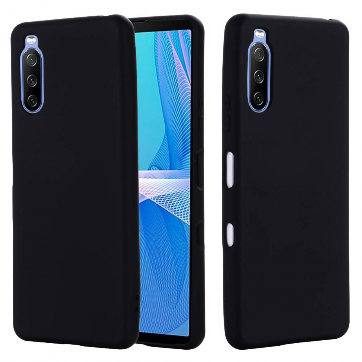 Zwei schwarze Handyhüllen. Eine offen, das Telefon zeigend, die andere geschlossen.
