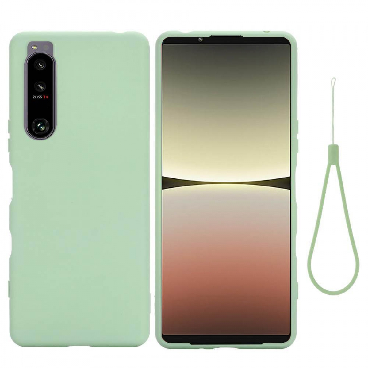 Eine mintgrüne Handyhülle mit Telefon und Schlaufengurt.