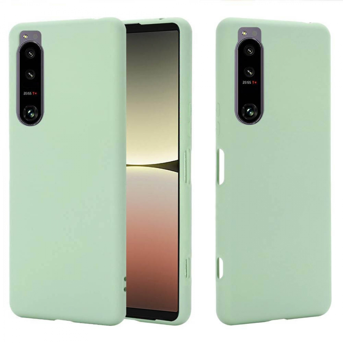 Grüne Handyhülle mit Telefon. Das Telefon ist schwarz, die Kamera sichtbar.