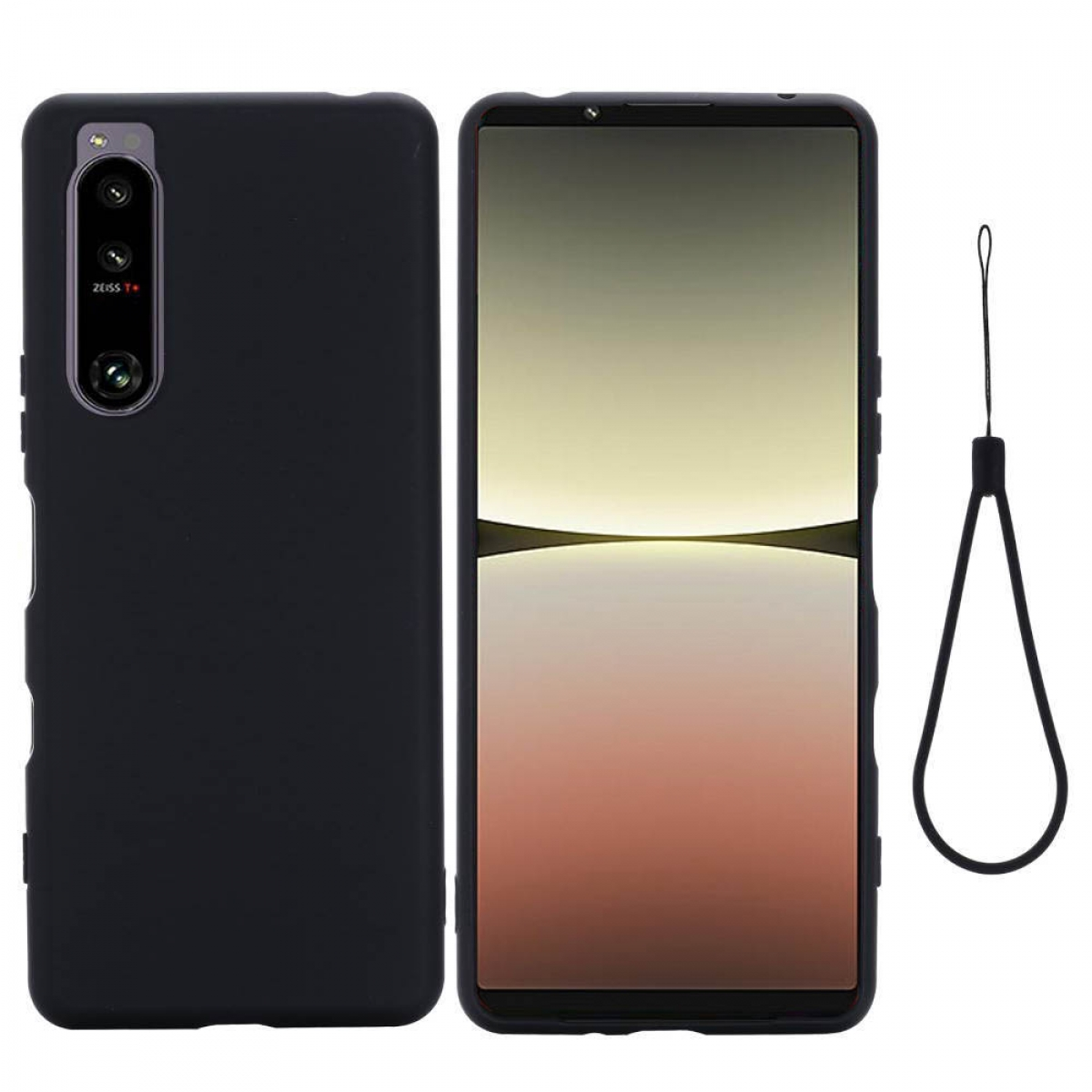 Schwarze Handyhülle und Handy. Der Telefonbildschirm ist eingeschaltet. Es hat eine Kamera. Es gibt einen Riemen.
