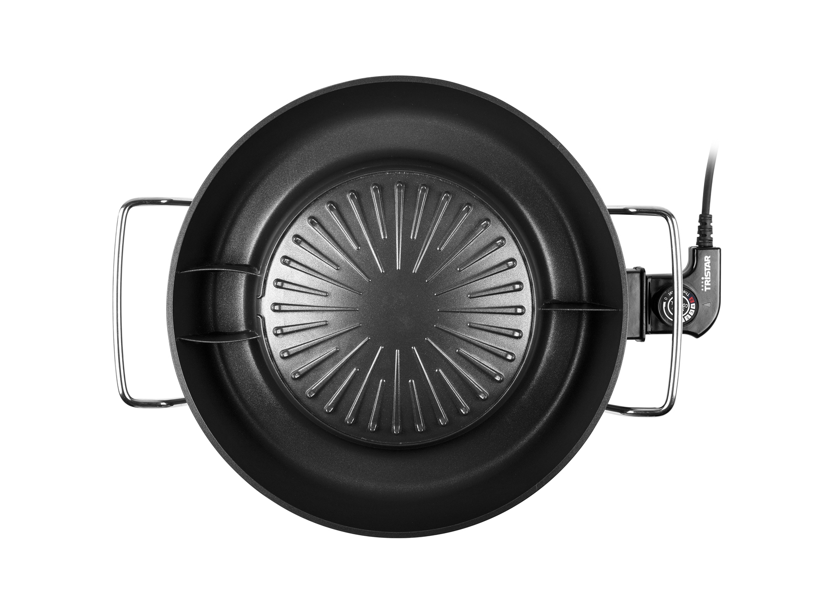 Bovenaanzicht van een zwarte elektrische grill met handgrepen en een netsnoer.
