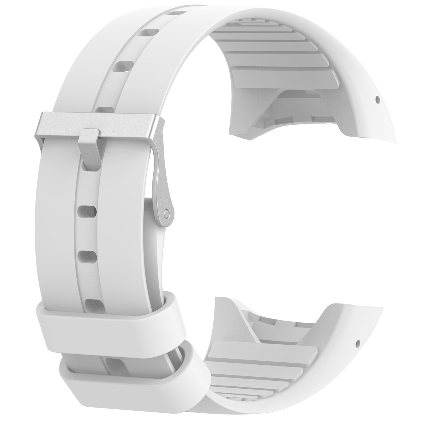 Weißes Uhrenarmband mit silberner Schnalle. Das Band ist gebogen und aus Gummi oder Silikon.