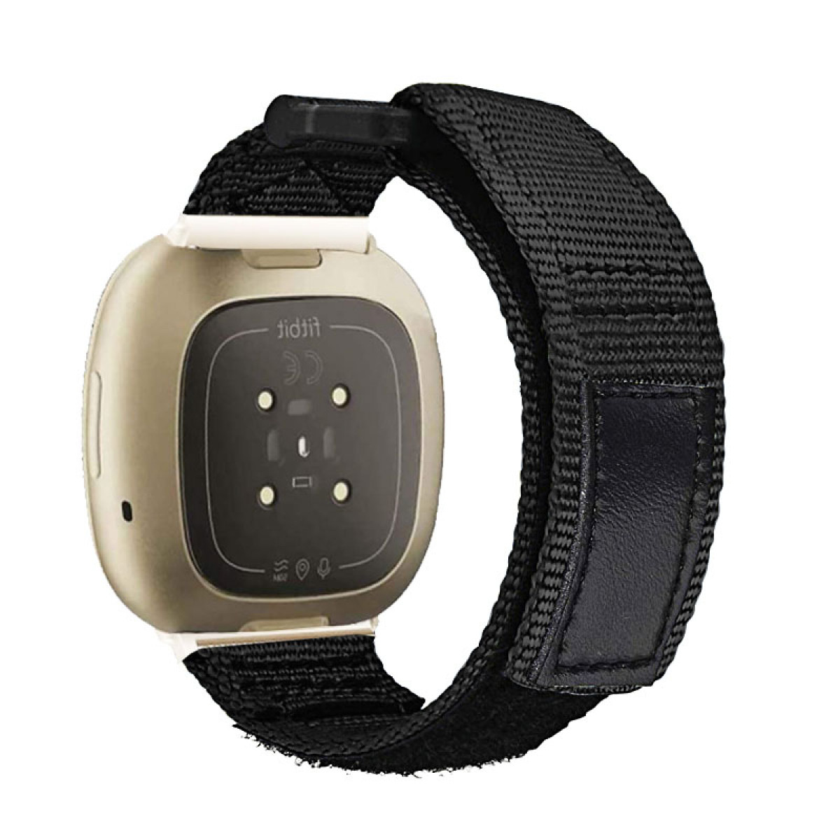 Schwarze Uhr mit weißem Rahmen an einem schwarzen Armband. Schwarzer Hintergrund.