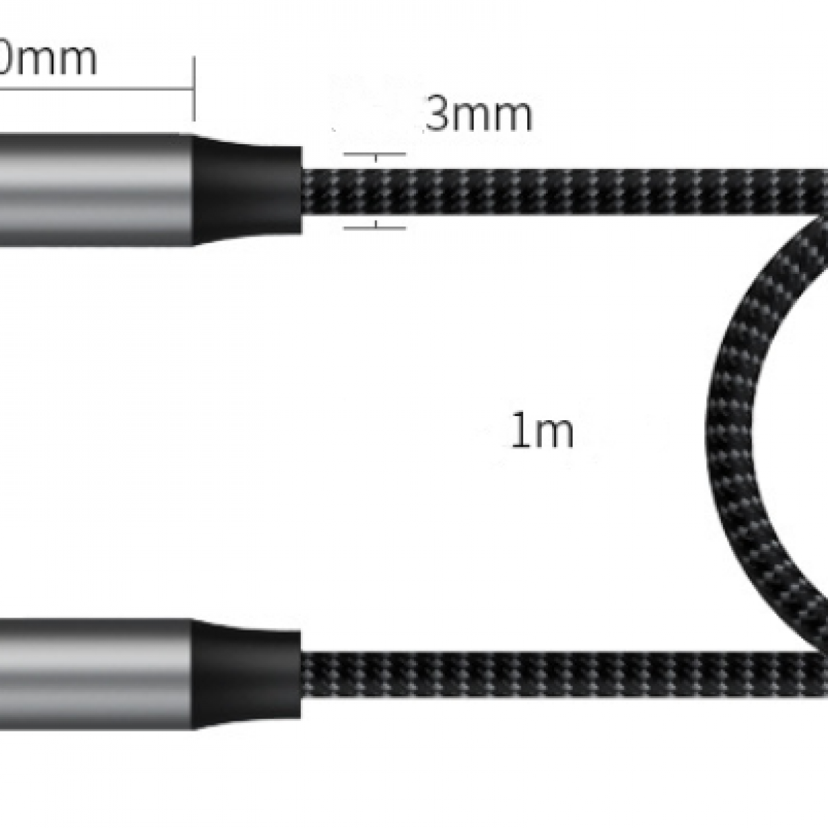 Geflochtenes Ladekabel, schwarz-grau, mit silbernen Steckern, Längenangaben: 0mm, 3mm, 1m.