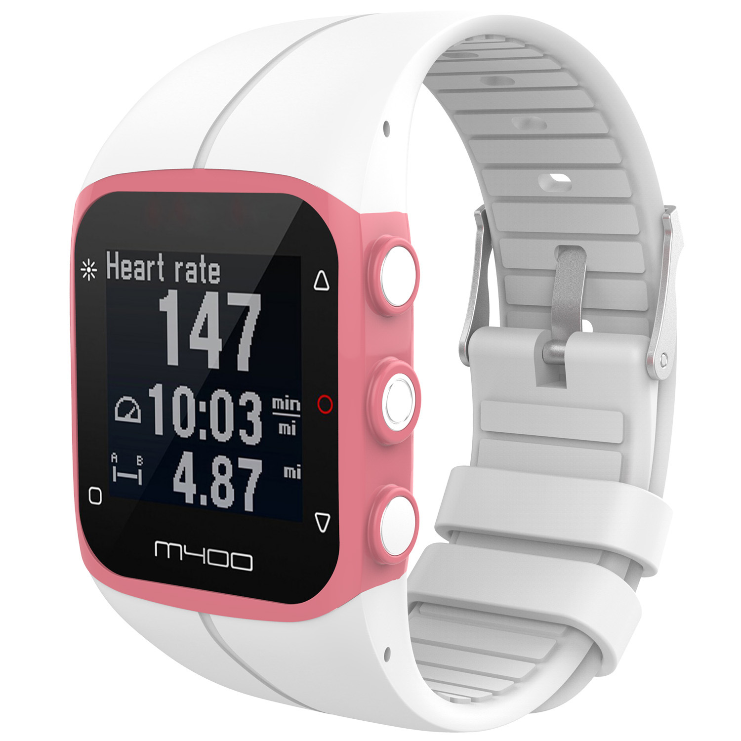 Weisse und rosa Smartwatch mit Herzfrequenz und Zeit. Weißes Armband, weißer Hintergrund.