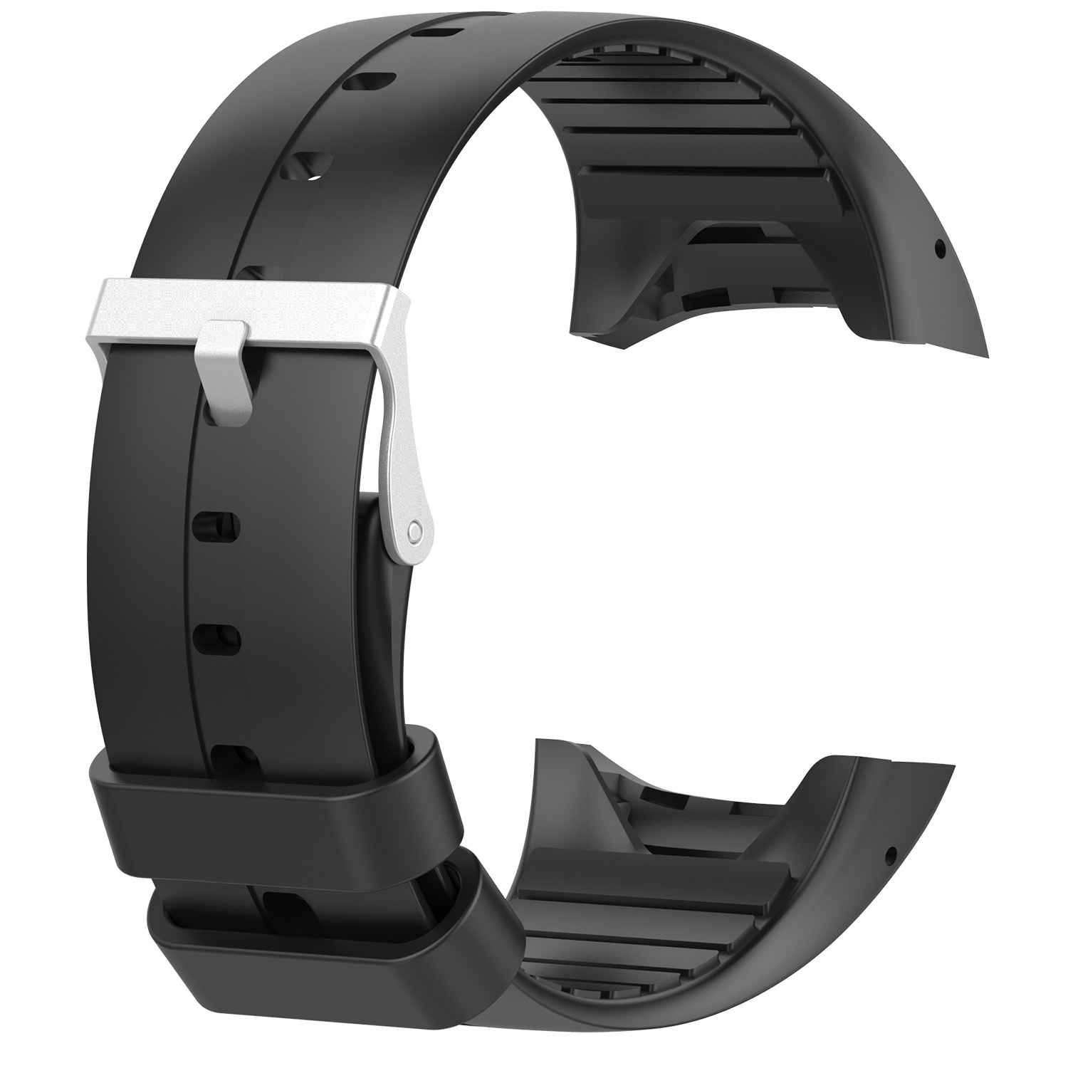 Correa de reloj negra con hebilla plateada. La correa es de goma.