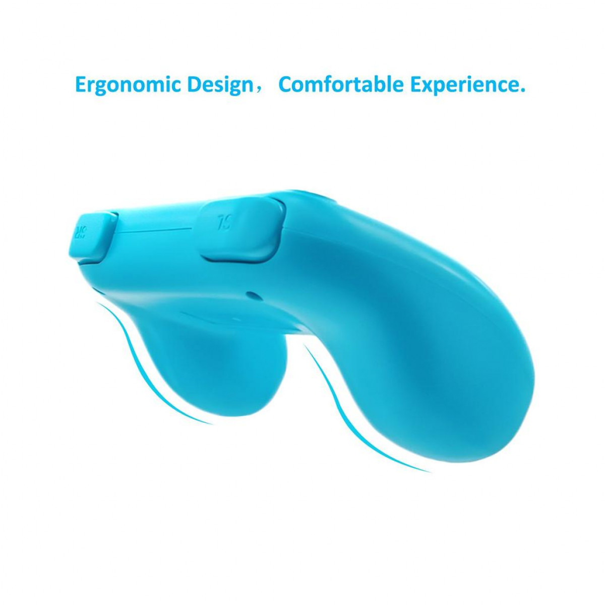 Blue game controller with buttons on top. 