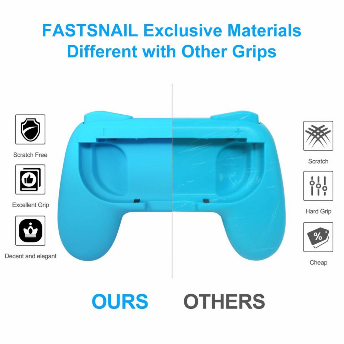 Blue game controller grip. Shows comparison between the grip and a generic one.