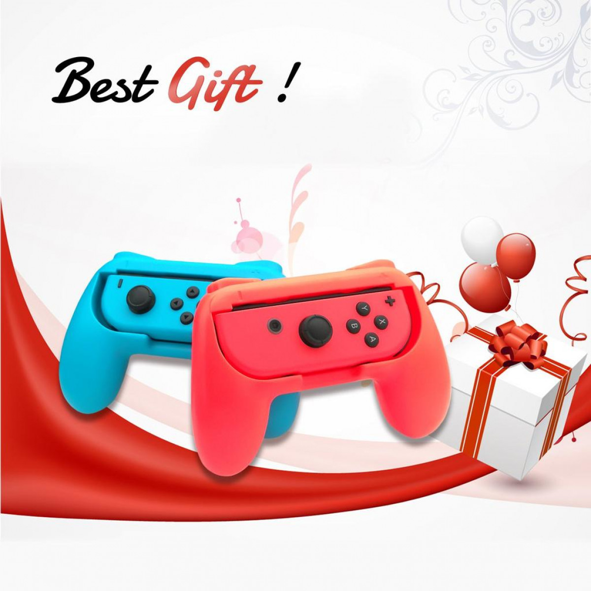 Two colorful game controllers with a gift box and balloons. Text reads 'Best Gift!'