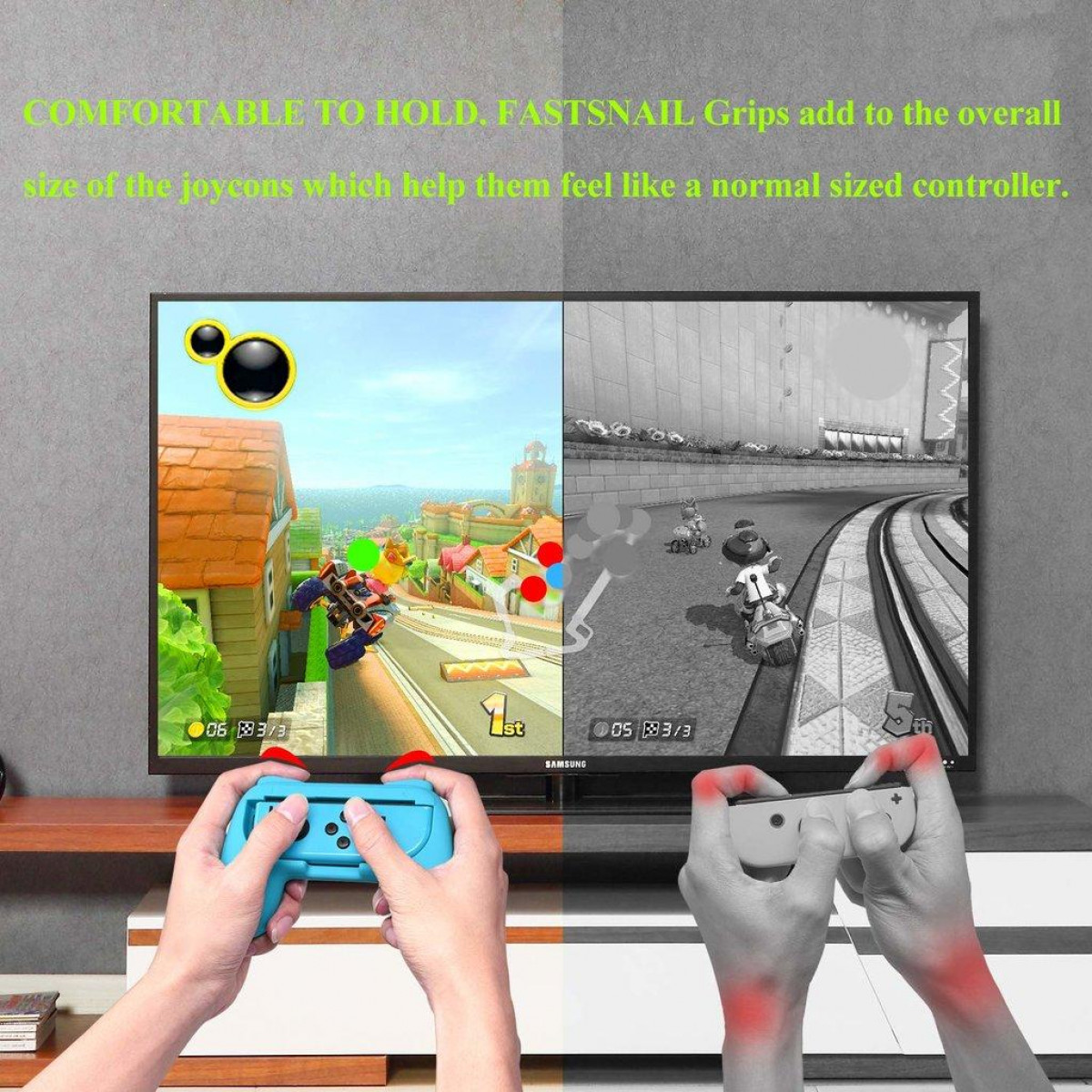Person holding blue joycons playing a game. The screen shows the game, split-screen.