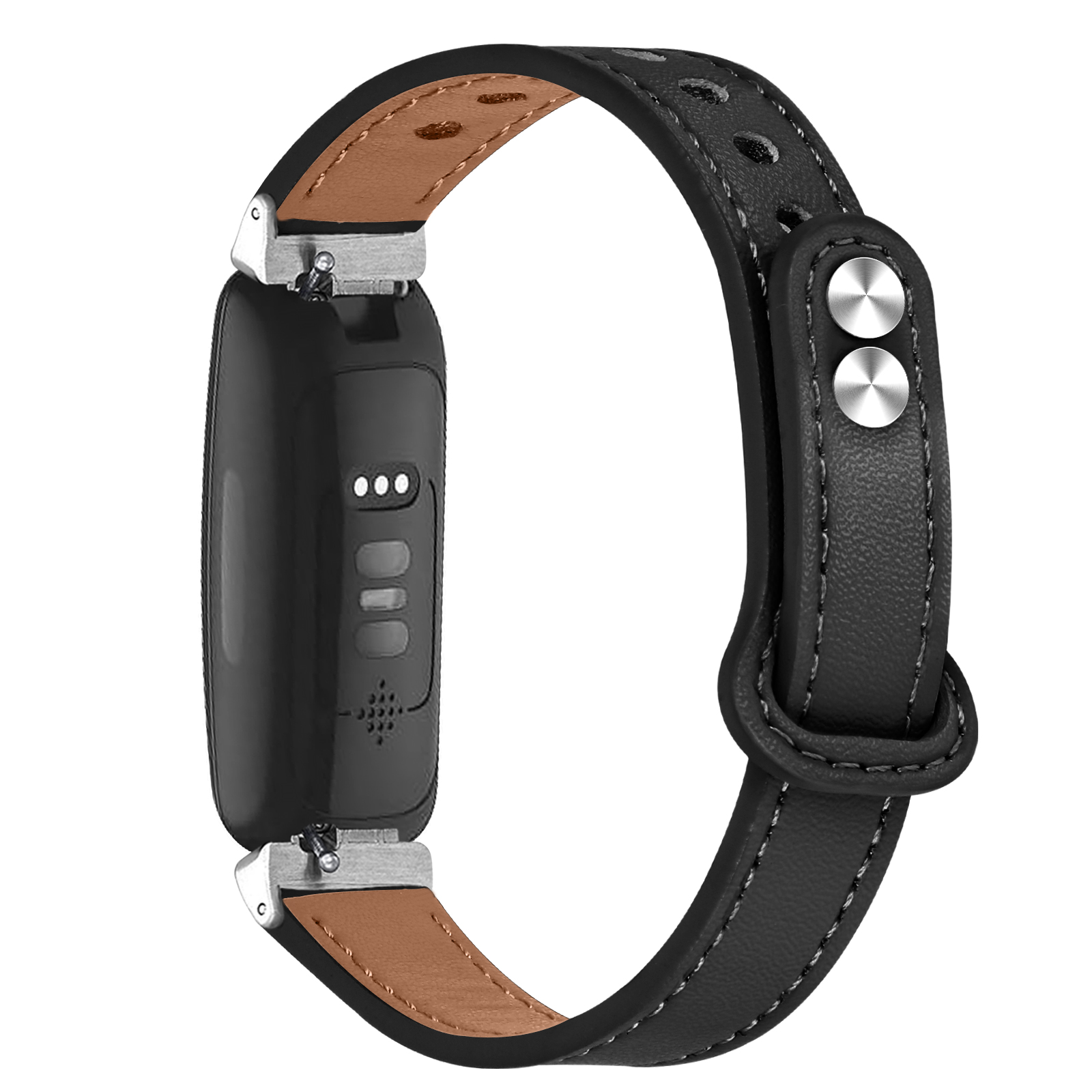 Schwarzer Fitnesstracker an einem braunen Lederarmband.