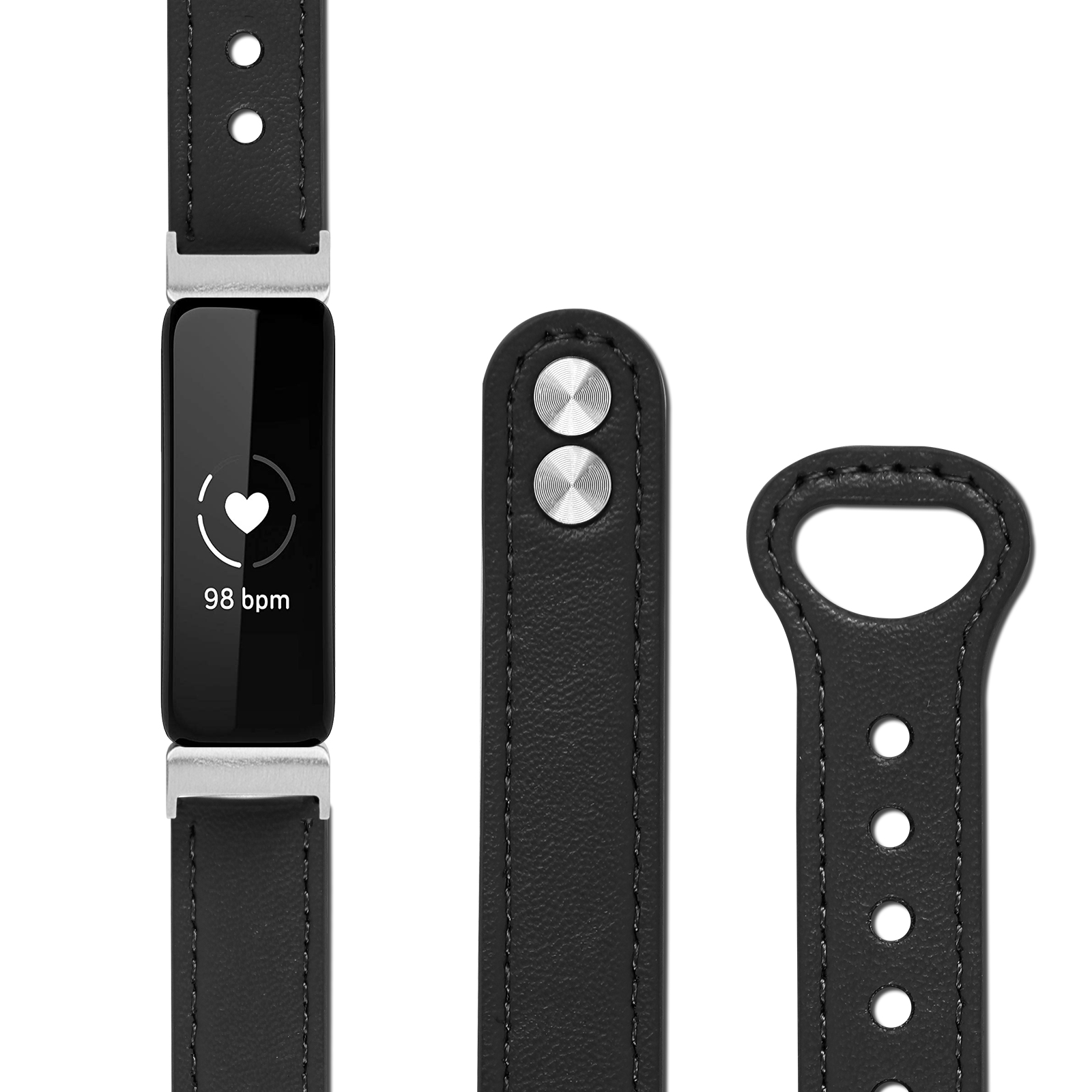 Ein schwarzer Fitnesstracker mit einem schwarz-silbernen Armband. Der Bildschirm zeigt ein Herzsymbol.