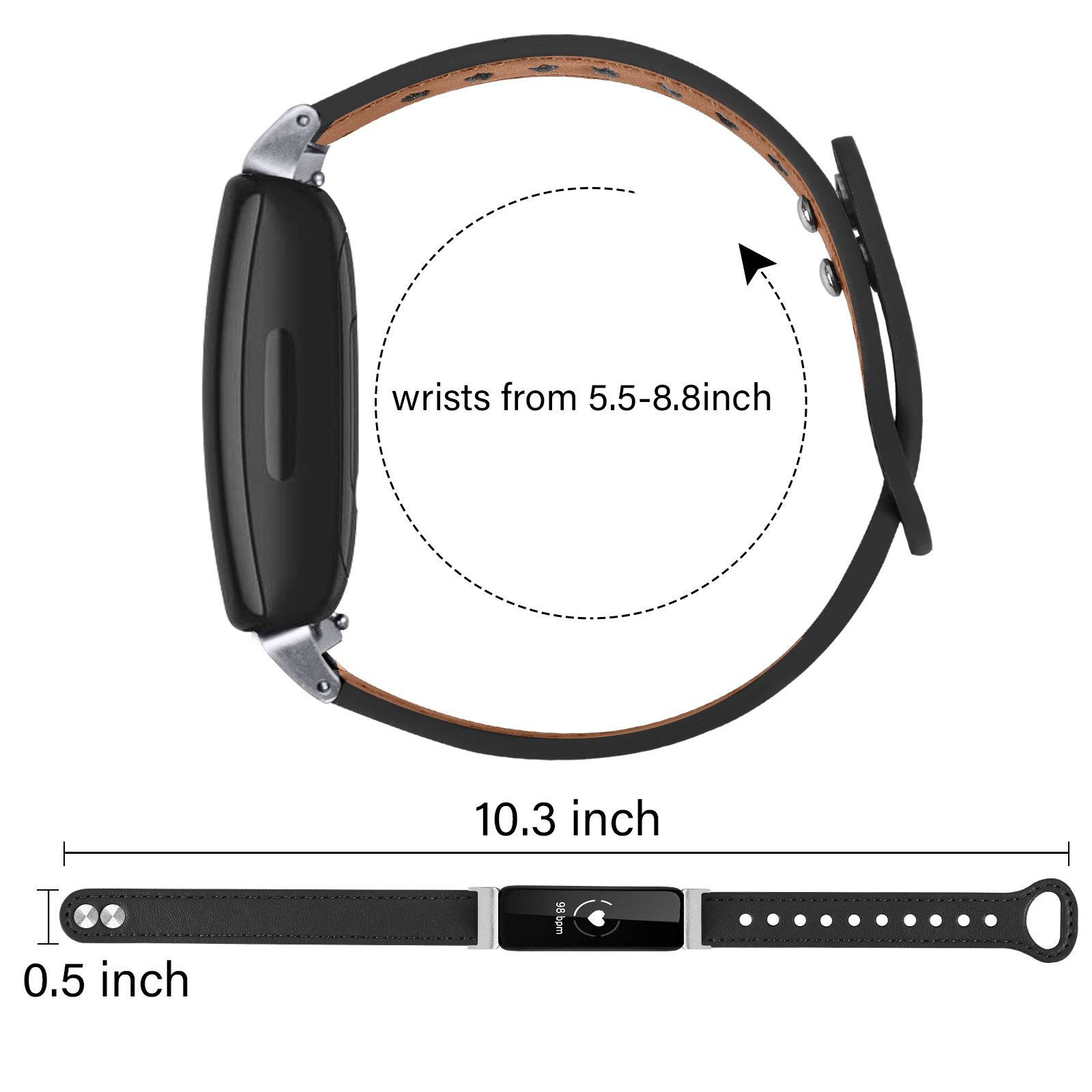 Schwarzes Smartwatch-Armband mit Maßen und Diagramm zur Handgelenkgröße.