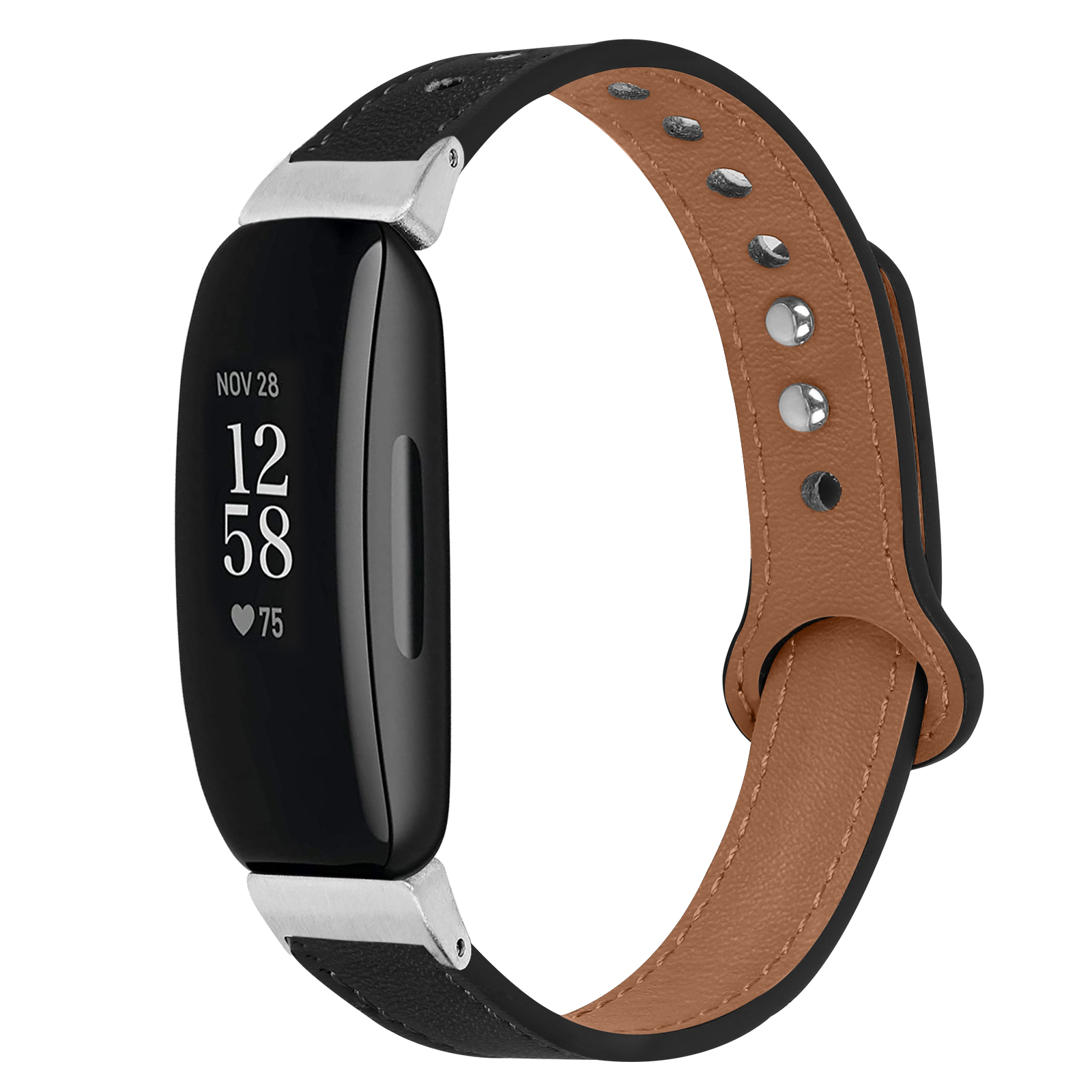 Schwarze Smartwatch mit Lederarmband, Zeit- und Herzfrequenzanzeige.