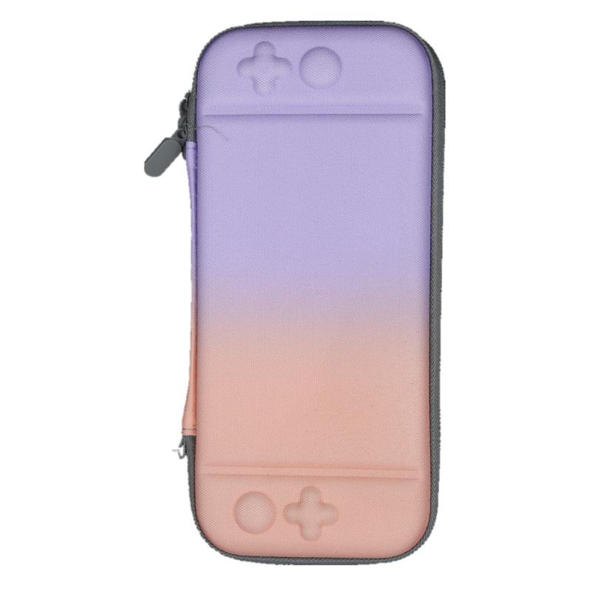 A purple and orange Nintendo Switch case. The case has a zipper and buttons.
