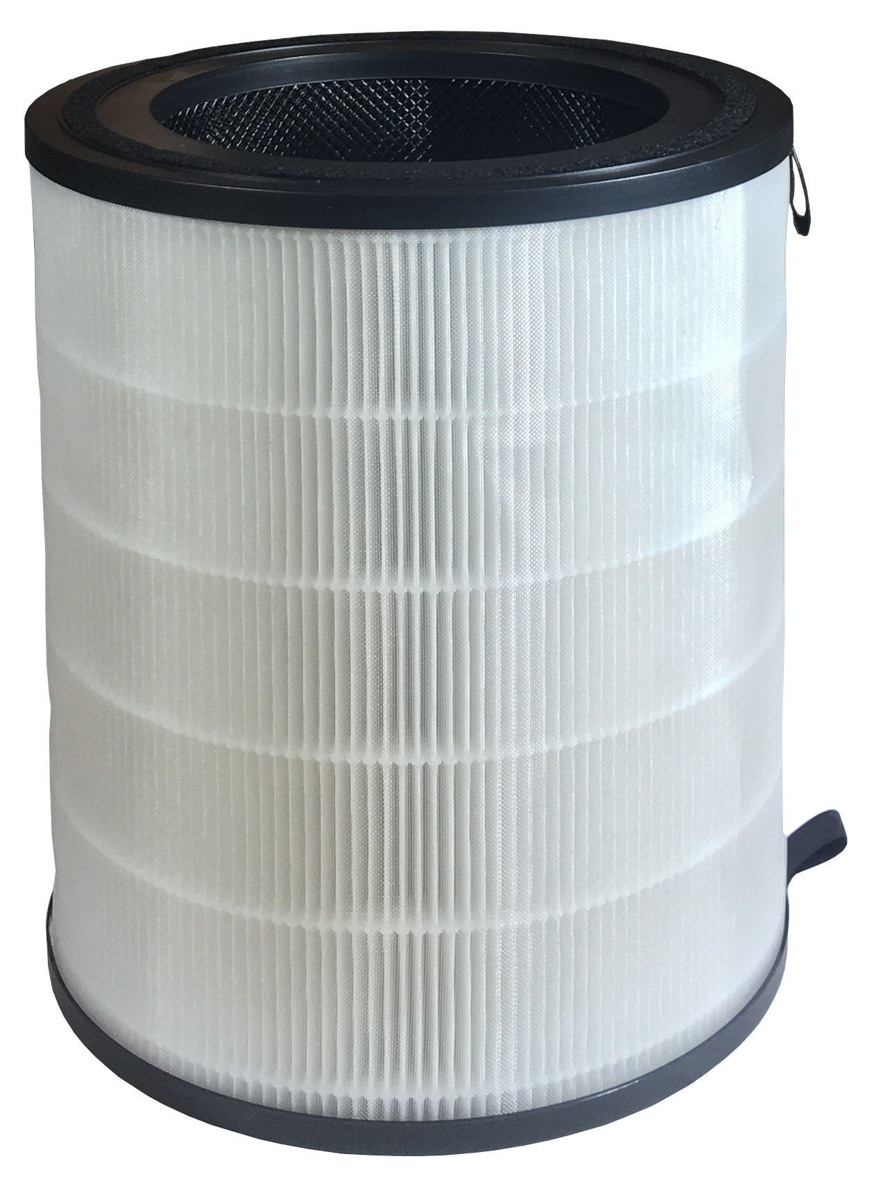 Ein zylindrischer Luftfilter wird gezeigt, mit schwarzem Rahmen und Mesh-Ober- und -Unterseite.