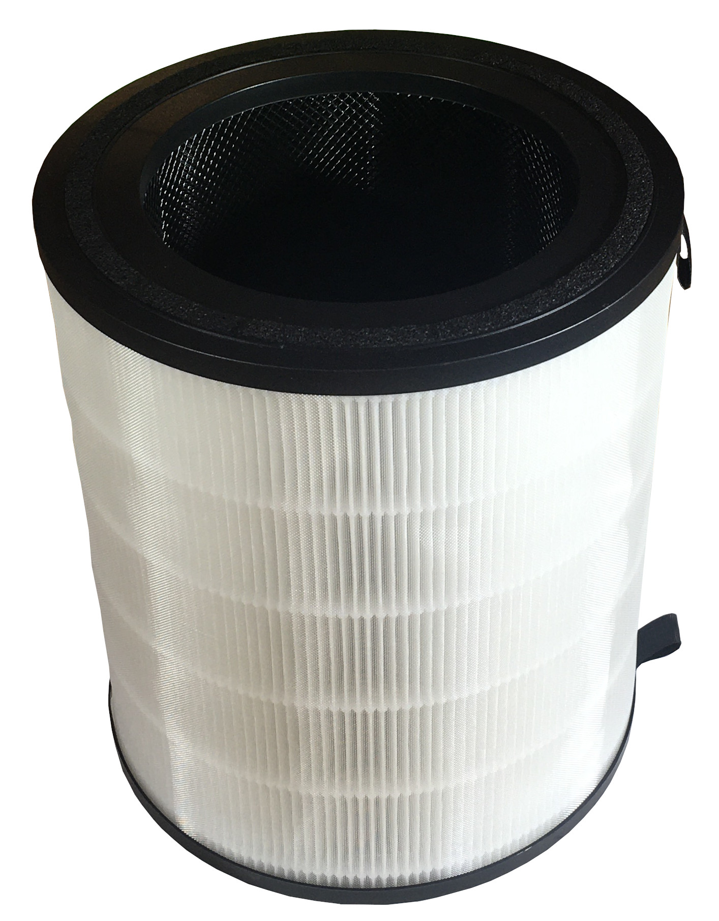 Ein zylindrischer Luftfilter mit weißem, plissiertem Filtermaterial, schwarzem Rand und Oberteil.