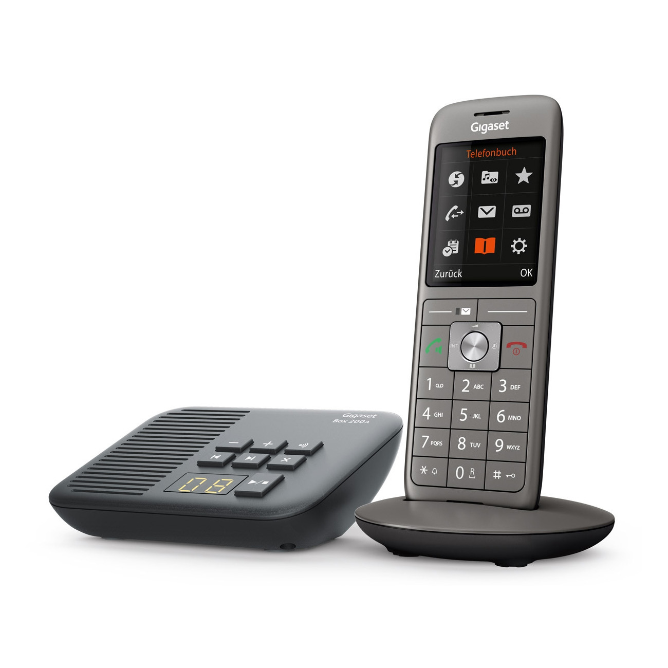 Una base y auricular de teléfono Gigaset. El auricular tiene pantalla y botones, la base un altavoz.