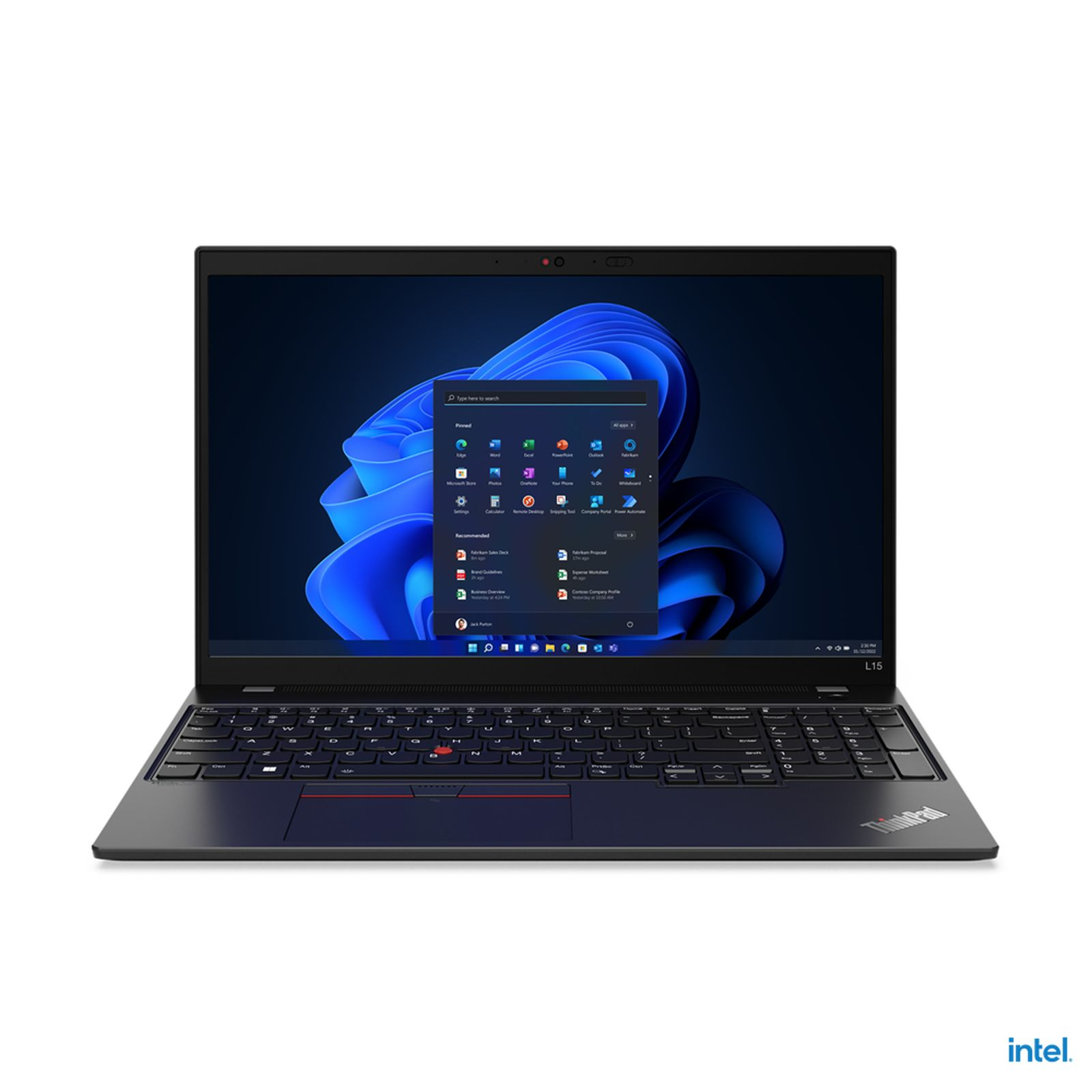 Czarny laptop, otwarty, pokazujący ekran z interfejsem Windows. Czarna klawiatura i ramka. Białe tło.