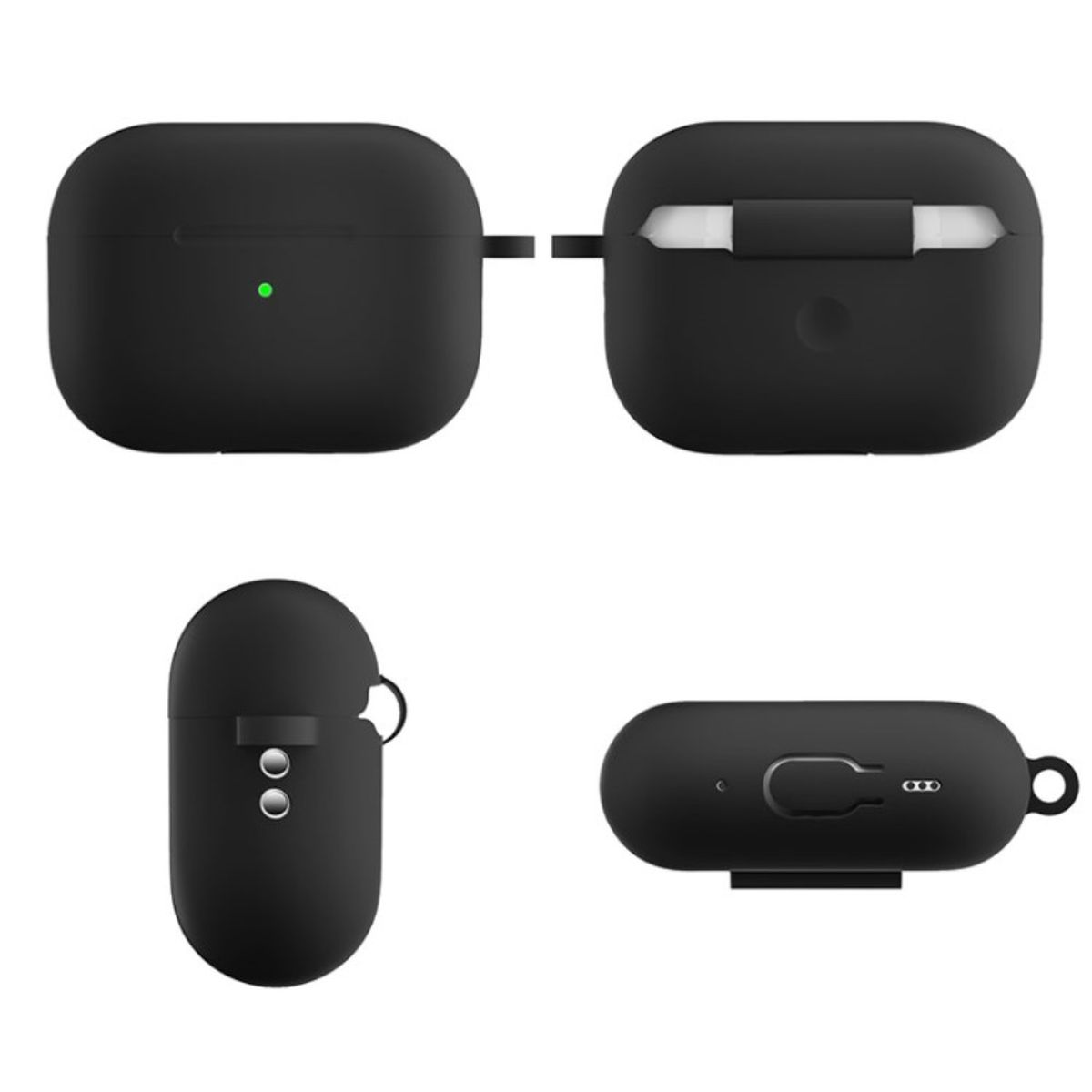 Vier Ansichten eines schwarzen AirPods Pro-Gehäuses. Das Gehäuse geschlossen, geöffnet und aus verschiedenen Winkeln zeigend.