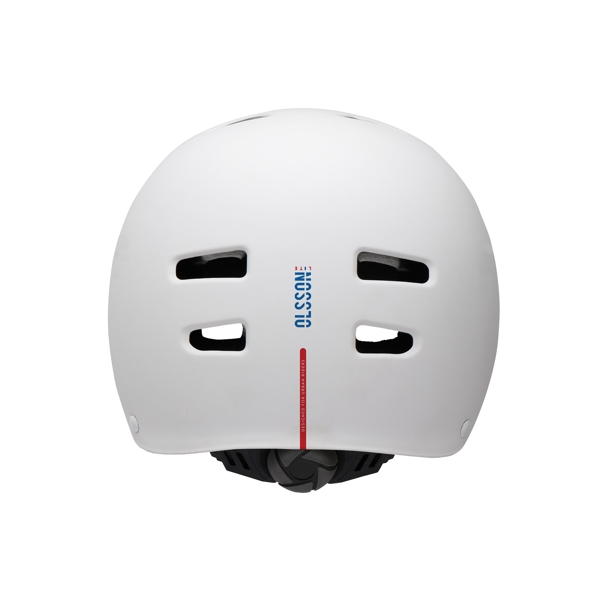 Un casco blanco con agujeros, texto azul y rojo en el lateral y un dial de ajuste negro.