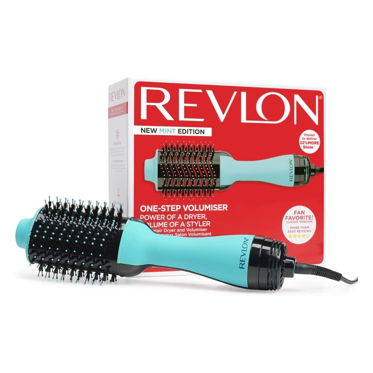 Un moldeador de cabello Revlon, turquesa y negro, con una caja detrás.