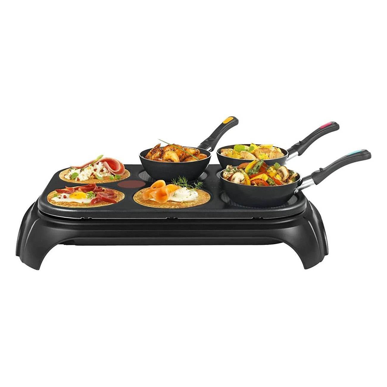 Eine Grillplatte mit 4 Pfannen mit verschiedenen gekochten Speisen.