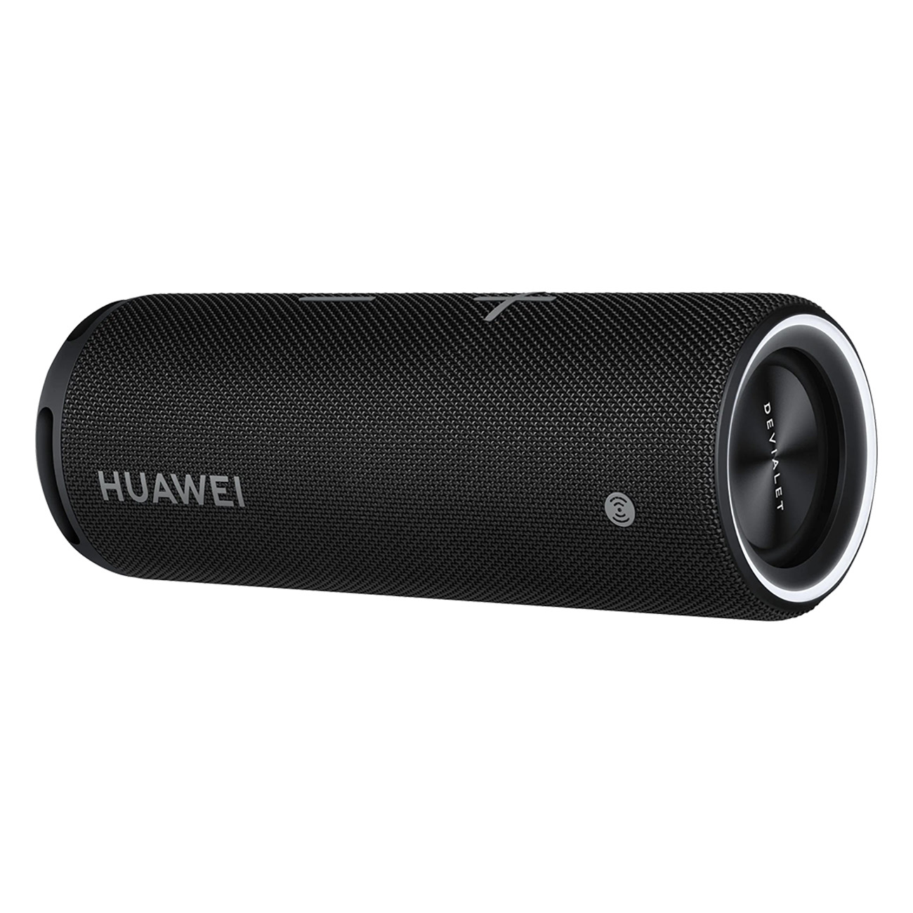 Czarny cylindryczny głośnik z siatką i srebrnymi akcentami. Widoczne logo Huawei. Logo Devialet na końcu.