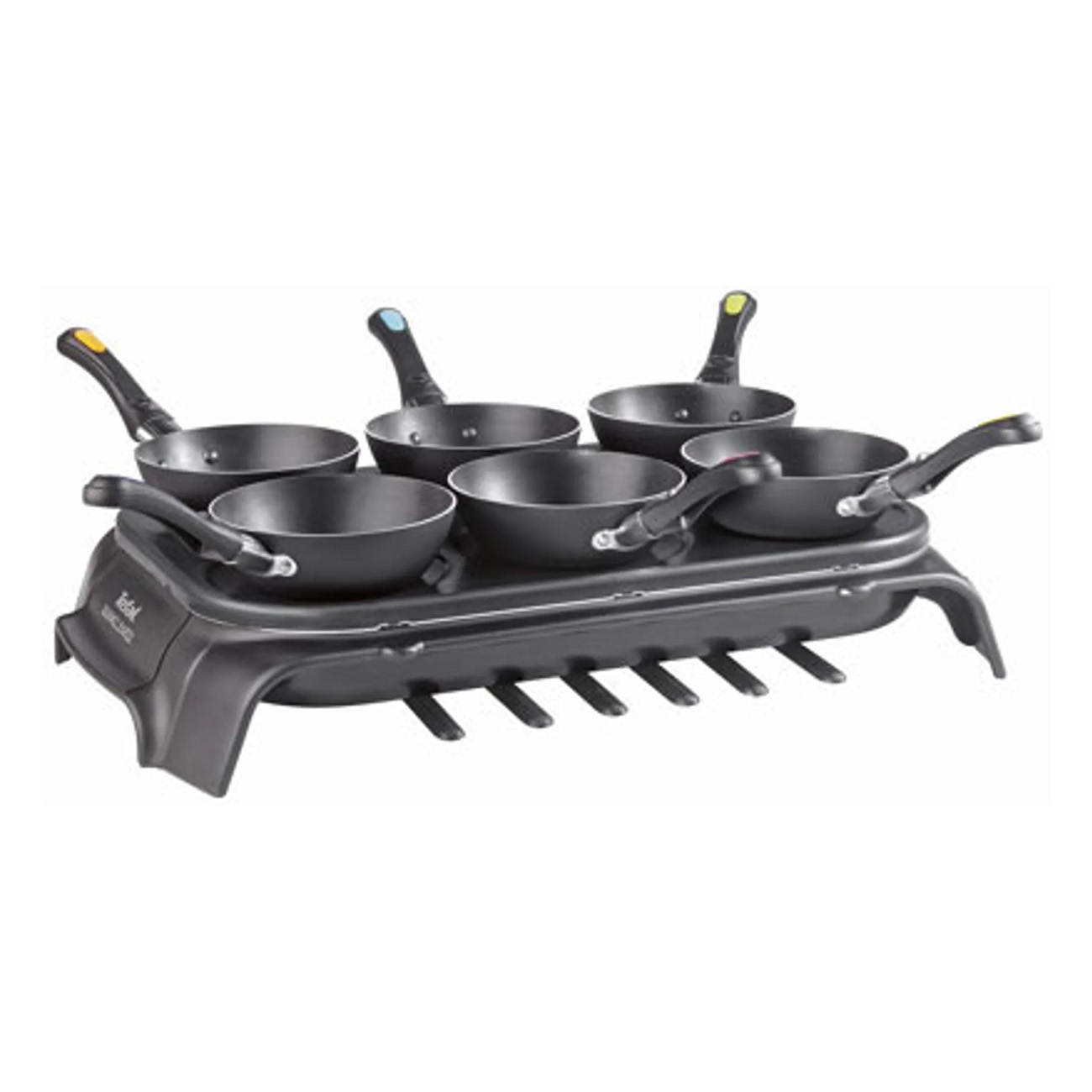 Ein schwarzer Raclette-Grill mit sechs kleinen Pfannen. Der Grill hat einen schwarzen Griff.