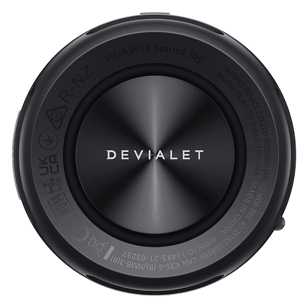 Czarny głośnik Huawei Sound Joy z marką Devialet, okrągły design i czarna powierzchnia.