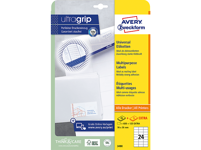 AVERY ZWECKFORM Universal-Etiketten permanent 70x36mm Universal-Etiketten 210 x 297 mm 70 x 36 mm mm A4 Inhalt: 720 Etiketten / 30 Bogen