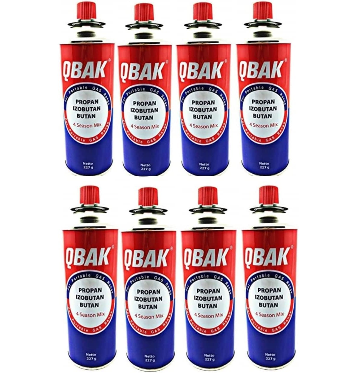 Acht rot-blaue Propan-Gasflaschen, beschriftet mit der Marke QBAK.