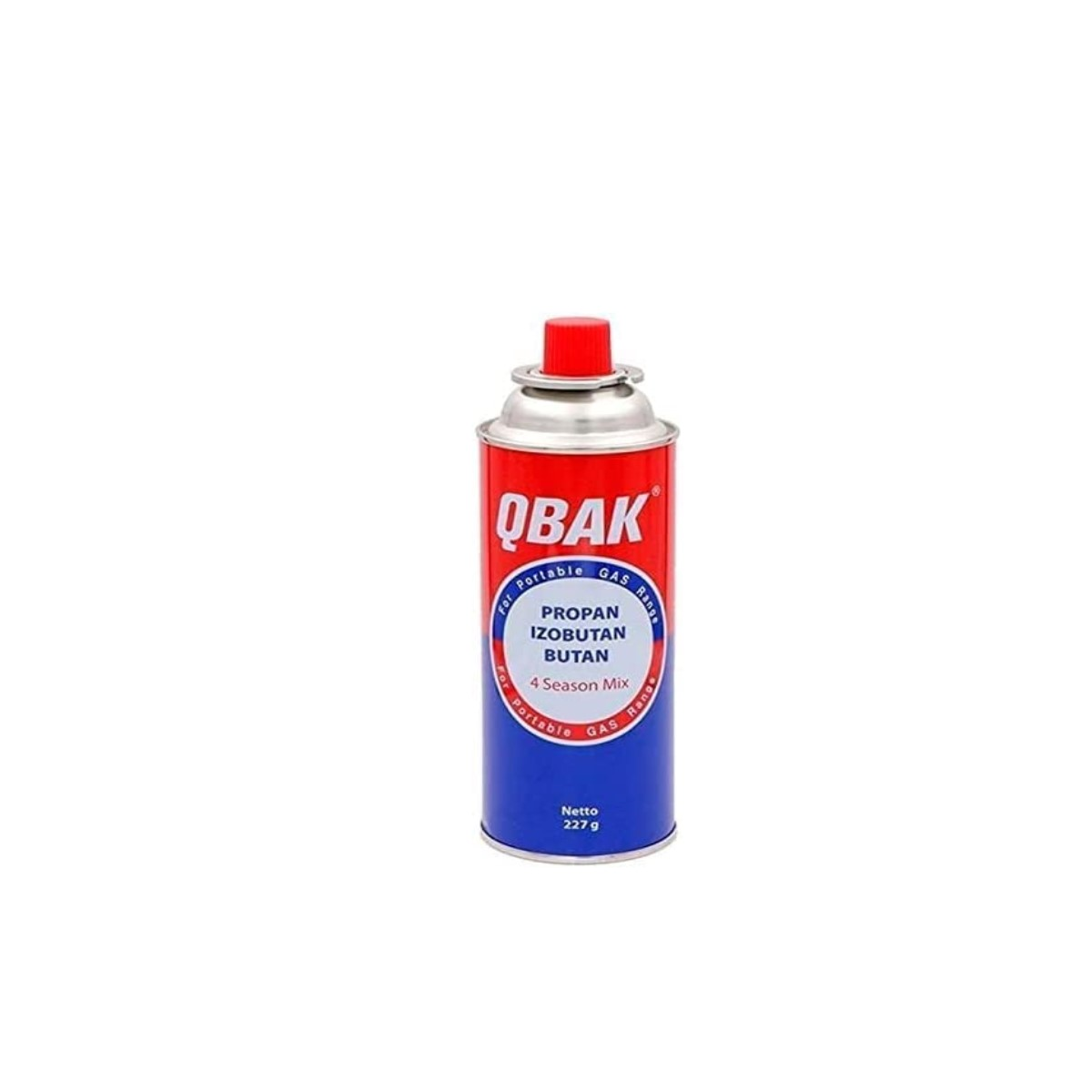 Rote und blaue Propan/Isobutan-Gaskartusche mit QBAK-Logo.