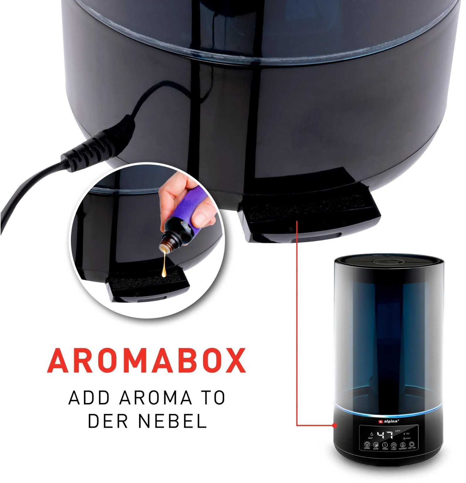 Schwarzer Aromadiffusor mit Tropfer, der Öl hinzufügt. Er hat ein Display und eine separate Befeuchtereinheit.