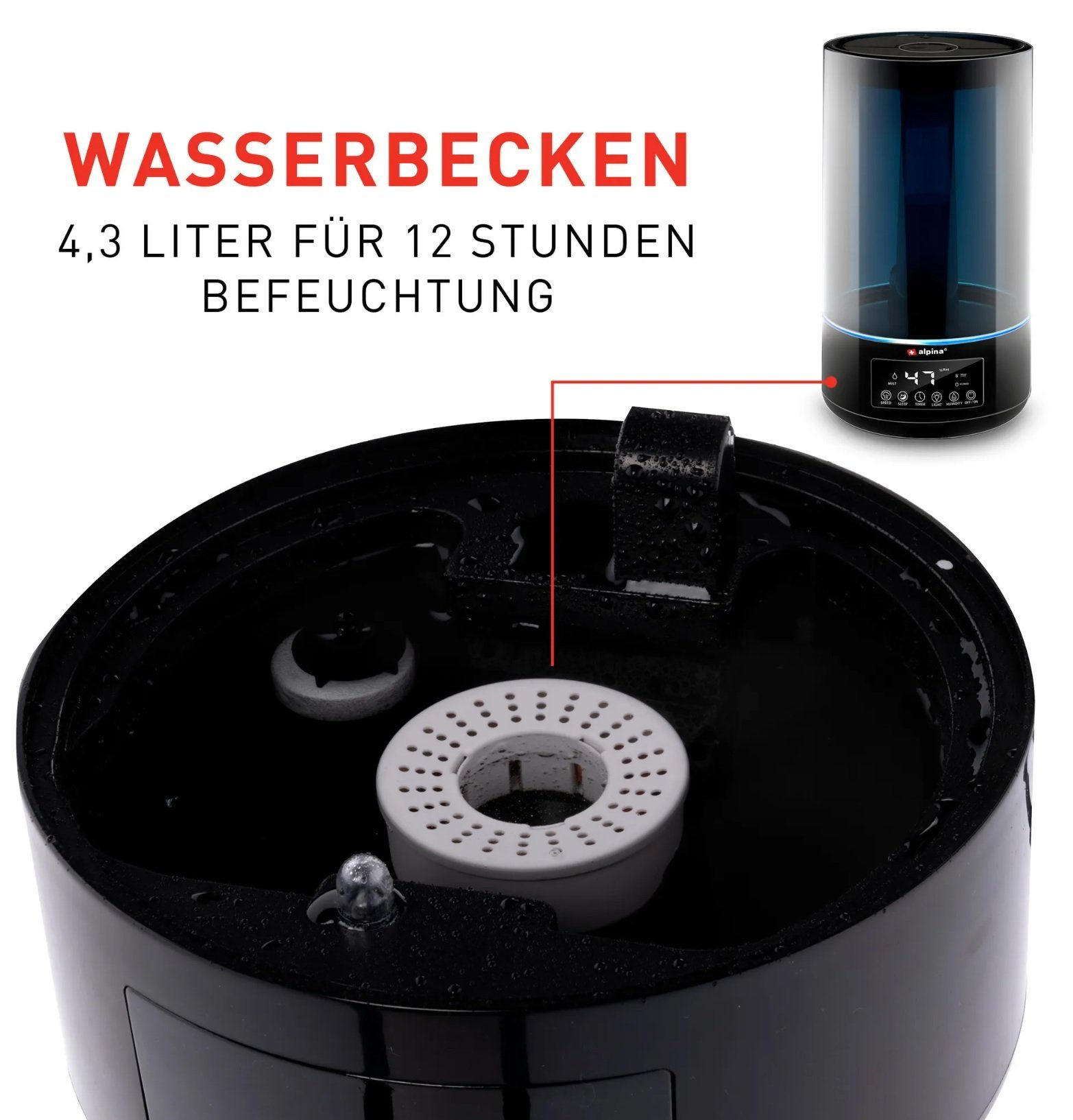 Ein schwarzer Luftbefeuchter mit Wassertank und Bedienfeld. Der Wassertank mit Filter ist sichtbar.