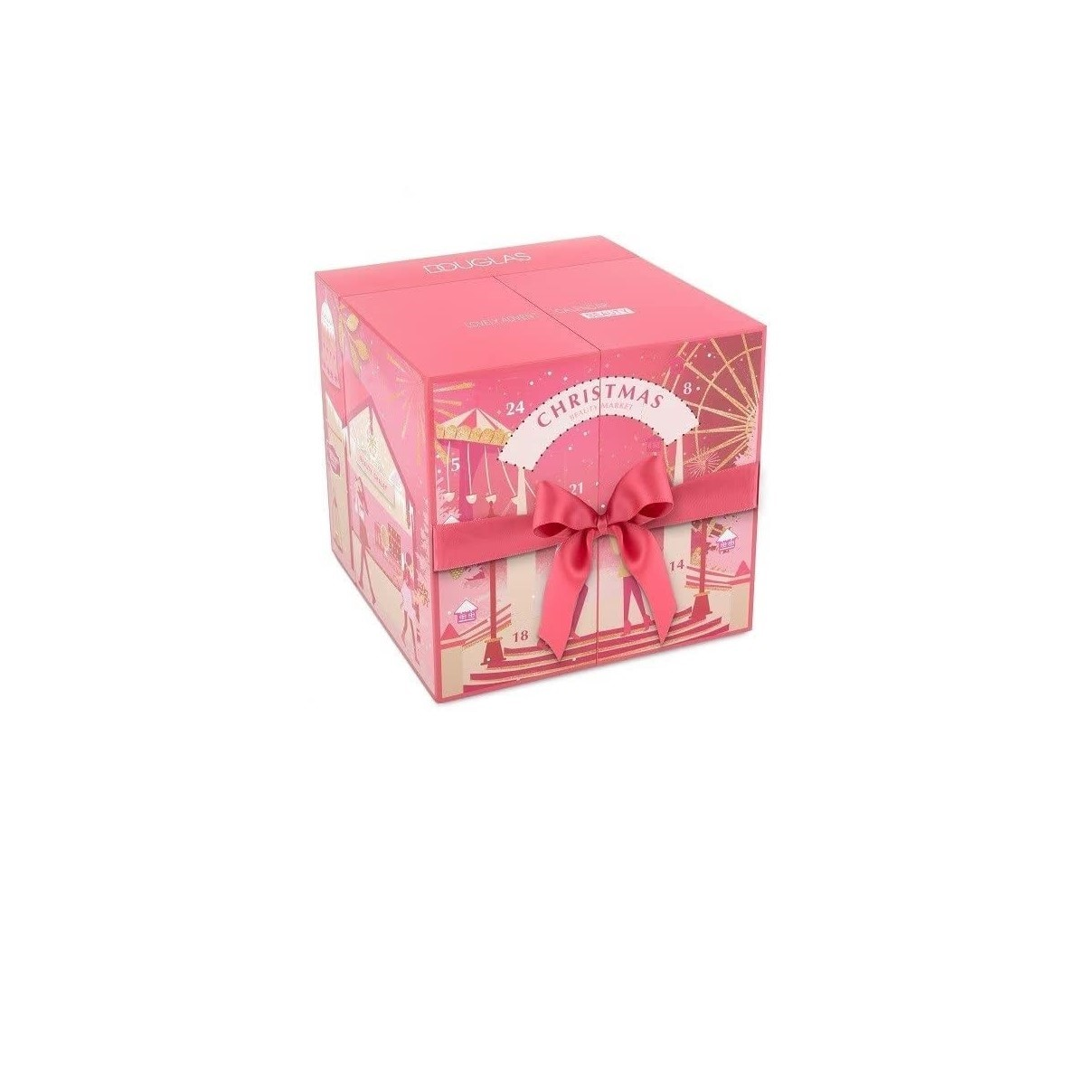 Rosa Weihnachtsadventskalender mit roter Schleife und weißem Hintergrund.